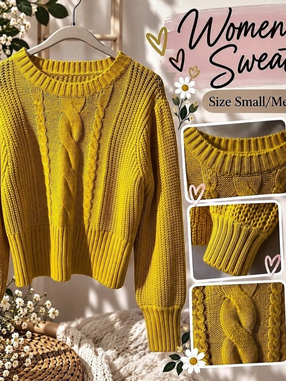 Yellow Cable Knit Sweater Size Medium Like New